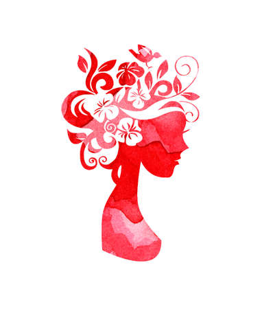 Watercolor illustration of a silhouette of a girl with flowers in her hair with red spots of paint. Summer girl, autumn. Flower Fairy. Silhouette for design isolated on white background.のイラスト素材