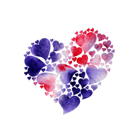 Watercolor illustration Hearts from hearts in pink-lilac color. Holiday card for Valentine's Day, wedding, anniversary. Artistic design element isolated on white.のイラスト素材