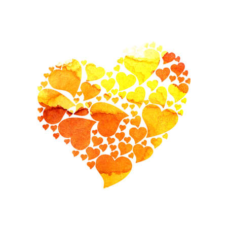 Watercolor illustration Hearts made of yellow-orange hearts. Holiday card for Valentine's Day,...