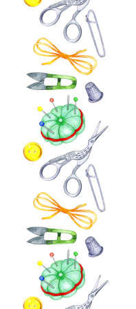 Watercolor pattern vertical needlework tools seamless pattern. Scissors, thread, safety pin,...