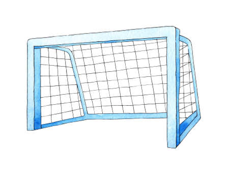 Watercolor illustration of a soccer goal. Sports equipment, barbell, crossbar, net. Football championship goals and free kicks. Isolated on white background. Drawn by hand.のイラスト素材
