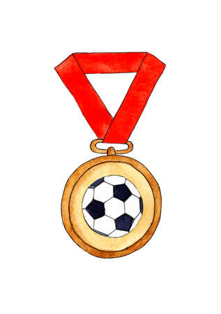 Watercolor illustration of soccer award medal. Gold medal with a soccer ball on a red ribbon. Trophy, prize, victory, competition, sport, championship. Isolated on white. Drawn by hand.のイラスト素材
