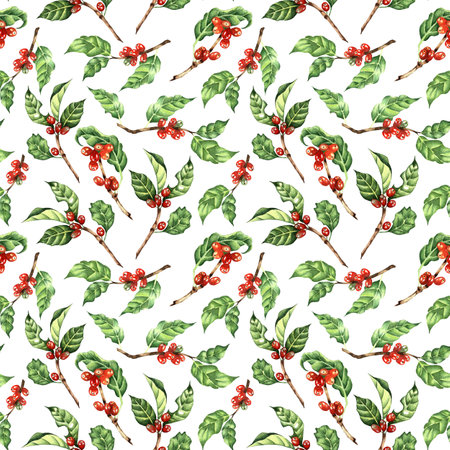 Watercolor illustrations coffee tree, branch, leaves, beans. Seamless repeating pattern of nature simple print, sketch of tropical flowers isolated on white background. Drawn by hand.のイラスト素材