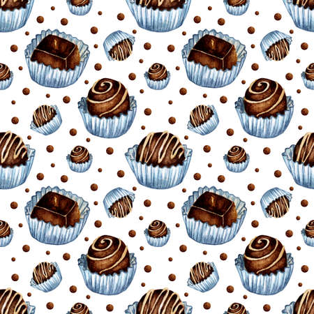 Watercolor illustration of chocolate candy pattern. Seamless repeating sweetness prin. Design for the holidays. Isolated on white background. Drawn by hand.のイラスト素材