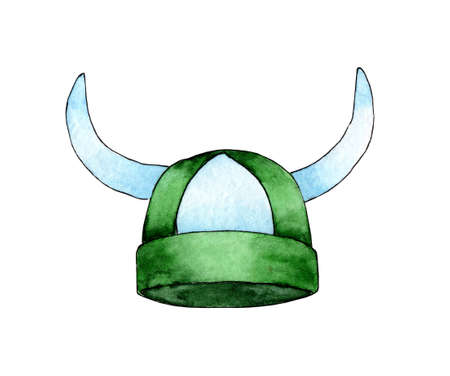 Watercolor illustration green fan hat with horns. Root for your football club. Uniform. Speed, experience, attack. Isolated on white background. Drawn by hand.のイラスト素材