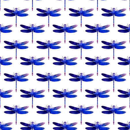 Watercolor illustration of a pattern of lilac abstract dragonflies with paint stripes. Cute funny insect print. A winged insect with large eyes. Isolated over white background. Drawn by hand.のイラスト素材