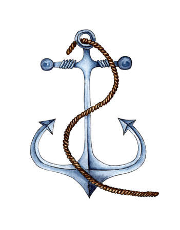 Watercolor illustration of a vintage nautical anchor with a rope. Item for keeping the ship in one place. Isolated on white background. Drawn by hand.のイラスト素材