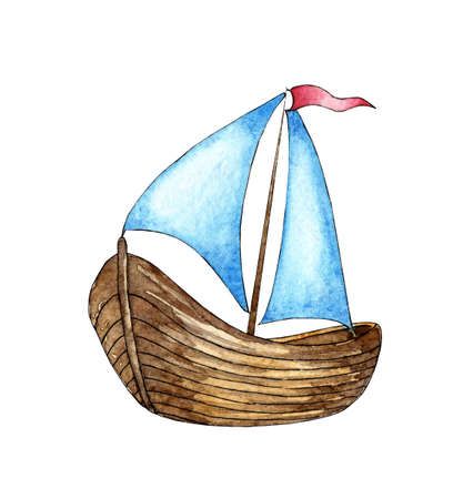 Watercolor illustration of a white sailing ship with a red flag. Sea voyage by boat, summer vacation and sailing regatta marine image. Isolated on white background. Drawn by hand.のイラスト素材