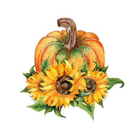 Watercolor illustration autumn composition of pumpkin and sunflower flowers. Harvest Festival, Thanksgiving Day. Botanical painting isolated on white background. Drawn by hand.のイラスト素材