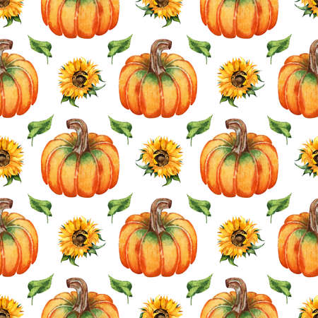 Watercolor illustration of a pattern of pumpkins, sunflowers and leaves. Seamless repeating harvest festival print. Thanksgiving and Halloween. Isolated over white background. Drawn by hand.のイラスト素材