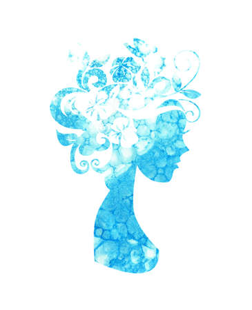 Watercolor illustration of a silhouette of a girl with flowers in her hair with blue spots of paint. Girl spring, summer, water. Flower Fairy. Silhouette for design isolated on white background.のイラスト素材