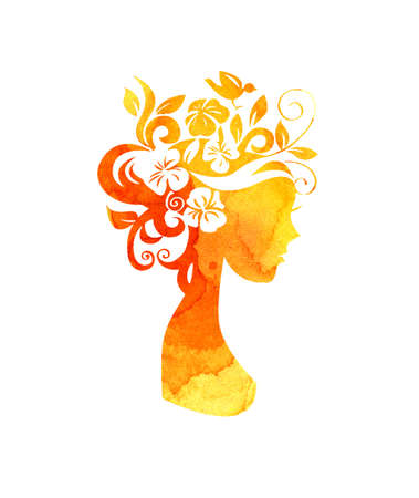 Watercolor illustration of a silhouette of a girl with flowers in her hair with yellow spots of paint. Summer girl, autumn. Flower Fairy. Silhouette for design isolated on white background.のイラスト素材