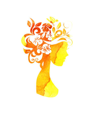 Watercolor illustration of a silhouette of a girl with flowers in her hair with yellow and orange stains of paint. Summer girl, autumn. Flower Fairy. Silhouette for design isolated on white background.のイラスト素材