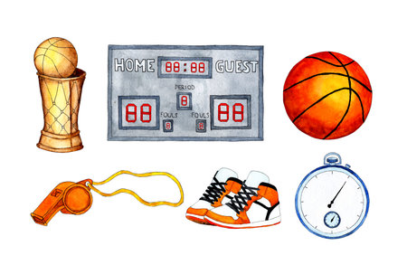 Watercolor illustration set of basketball cup, ball, stopwatch, scoreboard, whistle and sneakers. A set of equipment for playing basketball. Isolated over white background. Drawn by hand.のイラスト素材