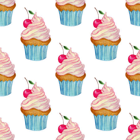 Watercolor sweets cupcake with cream and cherry. Bright cupcakes seamless print. Delicious desserts. Hand drawn illustrations for menu and decoration of a cafe or restaurant. Isolated on white background.のイラスト素材
