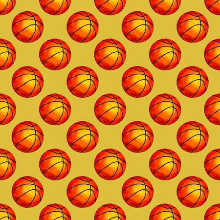 Watercolor illustration Basketball ball seamless background. Ideal for wallpapers, covers, packaging, packaging, fabric design and any decor. Isolated on a yellow background. Drawn by hand.のイラスト素材