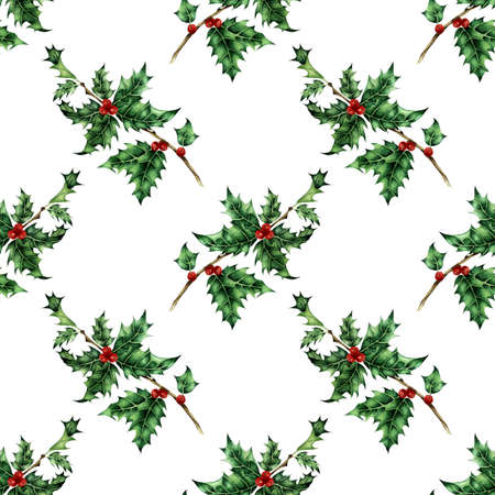 Watercolor illustration of a holly pattern. Seamless repeating holiday New Year and Christmas print. Ever green leaves and red berries. Isolated on white background. Drawn by hand.のイラスト素材