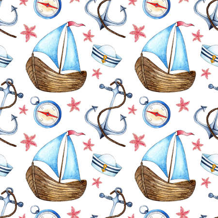 Watercolor painting pattern sailboat, anchor, compass, peakless cap and starfish. Sea voyage, sailing. Seamless repeating marine print. Isolated on white background. Drawn by hand.のイラスト素材