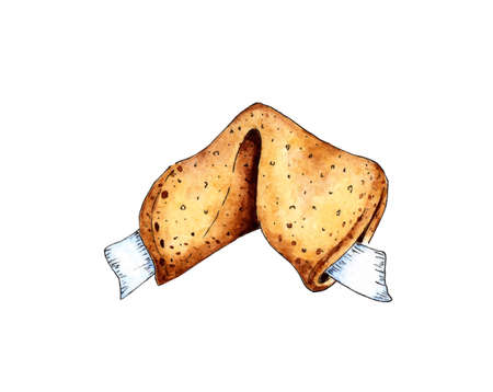 Fortune cookie watercolor painting. Chinese holiday cookies. Chinese New Year. Fortune-telling cookies with fortune telling. Isolated on white. Drawn by hand.のイラスト素材