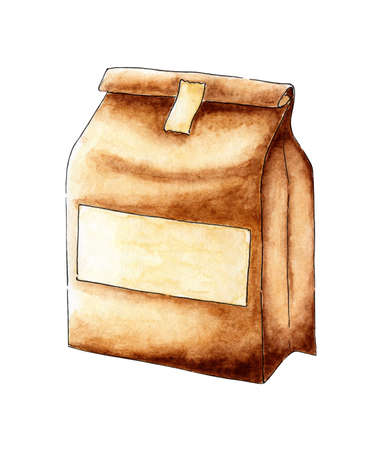 Watercolor painting paper craft bag for food, eco-friendly and safe. Brown paper packaging with label. For tea, coffee or groceries. Isolated on white background. Drawn by hand.のイラスト素材