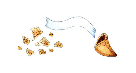 Fortune cookie watercolor painting. Chinese holiday cookies. Chinese New Year. Fortune-telling cookies with fortune telling. Isolated on white. Drawn by hand.のイラスト素材