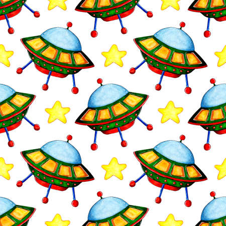 Watercolor painting pattern of flying saucer and stars. Hand drawn pencil space background for kids. Cartoon UFO. Isolated on white background. Drawn by hand.のイラスト素材