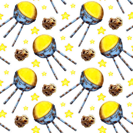 Watercolor painting pattern of satellite, stars and meteorite. Space exploration, space travel, signal transmission. Childish style background. Illustration for textile, fabric, wallpaper, web design. Isolated on white background.のイラスト素材
