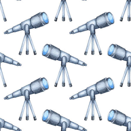 Watercolor painting seamless pattern with a telescope on a tripod to observe the cosmos, stars and planets of the solar system. Ornament for decoration and printing on fabric. Design element. Isolatedのイラスト素材