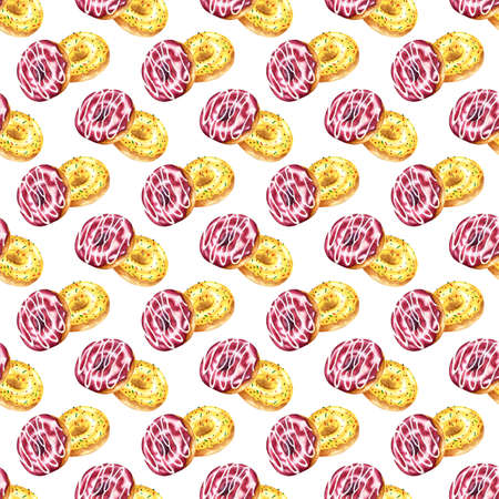 Watercolor pattern donuts in glaze. Seamless repeating sweet food print. Festive illustration for design. Isolated over white background. Drawn by hand.のイラスト素材