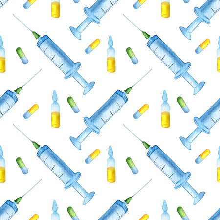 Watercolor painting pattern syringe and medicine. Medical vaccination and immunization, beauty injection tools seamless pattern: ampoules, talbet and disposable syringes isolated on white background.のイラスト素材