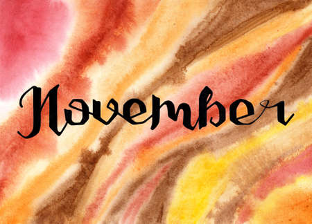 Hand drawn lettering phrase November on the watercolor background. Ink brush lettering for autumn invitation. November month. Handwritten phrase for banner, flyer, greeting card, calendar.のイラスト素材
