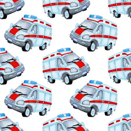 Ambulance watercolor painting. Seamless texture, wallpaper, background, fabric print. Medical vehicle. Emergency. Emergency medicine concept. Isolated on white. Drawn by hand.のイラスト素材