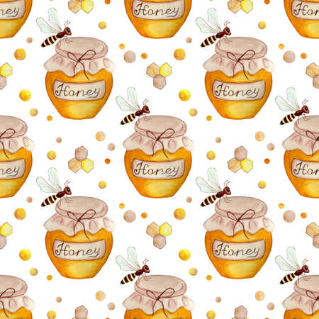 Watercolor painting pattern honey jar, bees and honeycomb. Seamless repeating honey, sweet print for kids design. Healthy food isolated on white background. Drawn by hand.のイラスト素材