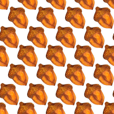Watercolor painting pattern with oak acorns in brown, yellow tones. Perfect for wallpapers, gift papers, patterns, web page backgrounds, autumn greeting cards. Isolated on white background. Drawn by hand.のイラスト素材