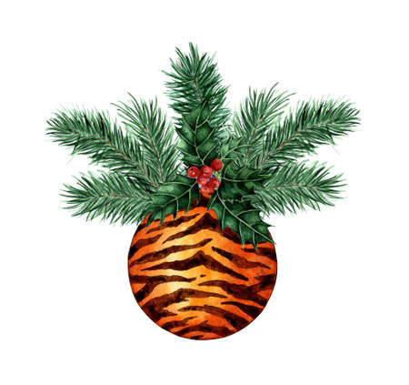 Watercolor painting Christmas ball with sprigs of fir and holly. Tiger print. Festive decor for a Christmas tree on a white background. Drawn by hand.のイラスト素材