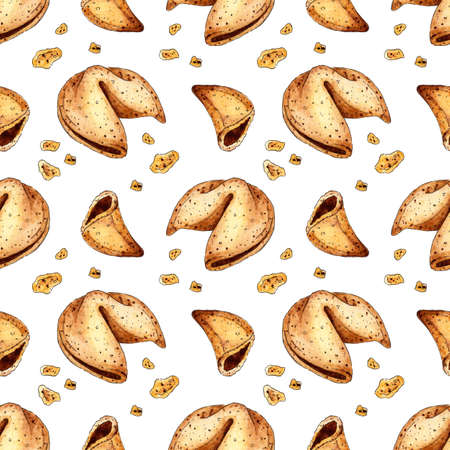 Watercolor painting pattern of fortune cookies. Seamless repeating print of Chinese holiday cookies. Chinese New Year. Fortune-telling for cookies. Isolated on white. Drawn by hand.のイラスト素材