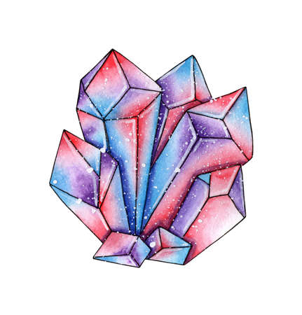 Watercolor painting beautiful quartz crystal, red, blue, purple. Fabulous gems. Smoky quartz, amethyst crystals, crystal cluster. Isolated on white background. Drawn by hand.のイラスト素材