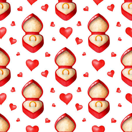 Watercolor painting pattern Wedding ring in a red box and hearts. Seamless repeating print for Wedding and Valentine's Day. Isolated over white background. Drawn by hand.のイラスト素材