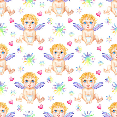 Watercolor painting pattern angel, snowflakes and hearts. Seamless repeating print for Valentine's Day, Wedding, Birthday. Wrapping paper, print, decor. Isolated on white background. Drawn by hand.のイラスト素材