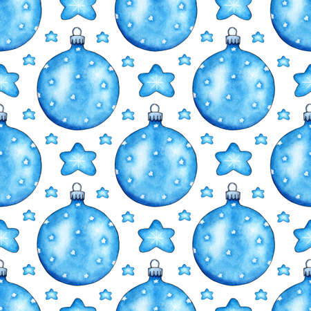 Watercolor painting pattern of shining Christmas balls and stars. Seamless repeating New Year, Christmas print for design. Isolated over white background. Drawn by hand.のイラスト素材