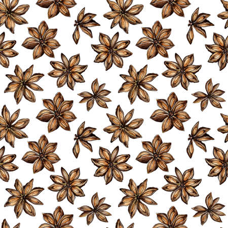 Watercolor painting of spice cinnamon stars. Seamless repeating print with cinnamon bark and spice flowers. A fragrant ingredient for baked goods or coffee. Isolated on white. Drawn by hand.のイラスト素材