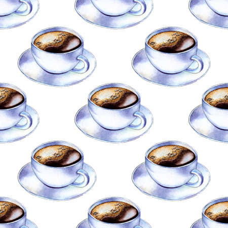 Watercolor pattern illustrations of white coffee cups and saucer. Coffee in a white cup with foam. Black coffee or cappuccino. Hot drink for breakfast. Refreshing drink. Isolated over white background.のイラスト素材