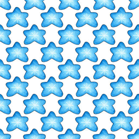 Watercolor illustration pattern of blue celestial bodies. Seamless repeating background with hand drawn stars. Template for a space banner or poster. Elements of cosmonautics. Isolated over white background.のイラスト素材