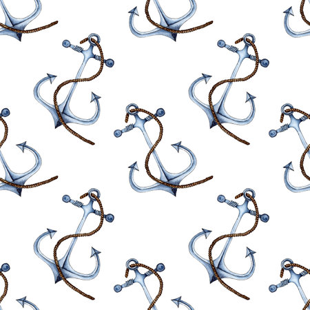 Watercolor illustration pattern of vintage nautical anchor with rope. Seamless repeating print item...