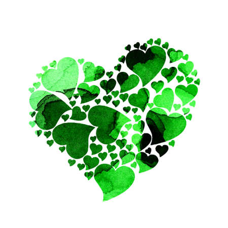 Watercolor illustration Heart made from green hearts. Festive card for Valentine's Day, wedding, anniversary. Artistic design element isolated on white background. Drawn by hand.のイラスト素材
