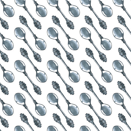 Watercolor illustration pattern tea silver spoon. Seamless repeat print Modern metal scoop clipart. Kitchen utensils for drinking tea. isolated on white background. Drawn by hand.のイラスト素材