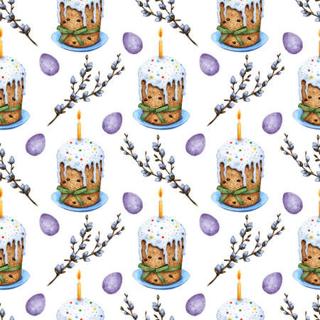 Watercolor illustration of a cake pattern in sugar glaze with confectionery sprinkles and a candle,...