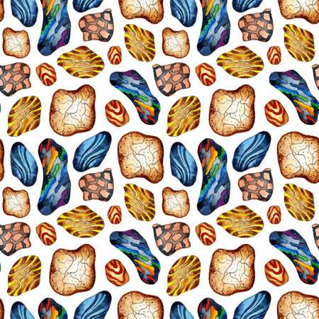 Watercolor pattern of colorful sea stones. Seamless repeating print of pebbles for an aquarium. Abstract illustration of rock formations. SPA concept. isolated on white background. Drawn by hand.のイラスト素材