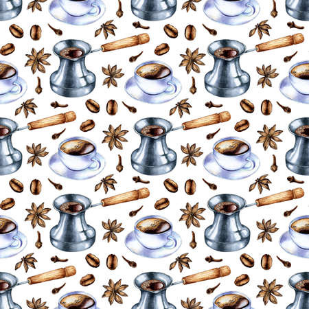 Watercolor drawing of coffee cups and turks. Seamless repeating print brew black coffee or cappuccino. Hot drink for breakfast. Refreshing drink. isolated on white background.のイラスト素材