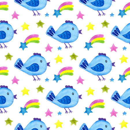 Watercolor painting pattern doodle blue bird and stars. Cute bird in cartoon style. Colorful decorative element for the design of postcards, invitations, textiles, fabrics. isolated on white background.のイラスト素材